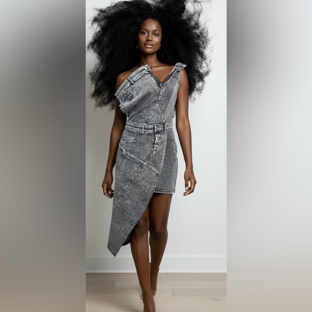 Upcycled Stylish Gray black Asymmetrical strapless Denim Dress size M